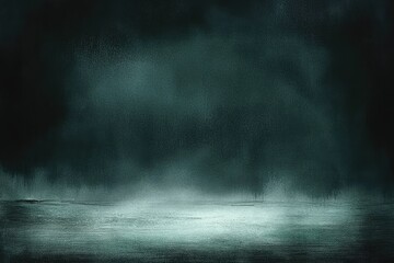 Dark, moody, teal-toned background with a misty, smoky effect. A flat surface takes center stage, fading into the dark atmosphere