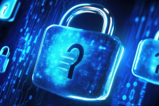 Digital lock with a question mark, highlighting security concerns on a circuit board background