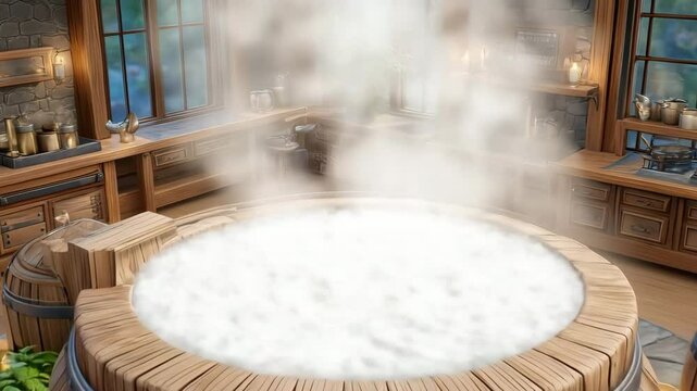 Maple syrup traditional process filmed above boiling setup, steam and fire elevate maple syrup traditional process authenticity, batch process enhances maple syrup traditional process visual impact