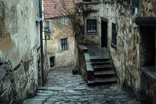 Narrow medieval alleyway with stone walls and stairs in a European town - Powered by Adobe