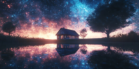 Magical Lake House Sunset: Starry Night Sky Background Wallpaper