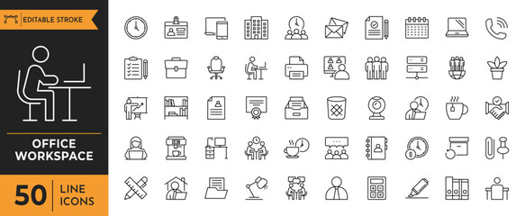 Office workspace line icon set. Containing Workplace, desk, coworking, employee, computer, and more. Editable stroke. Vector illustration