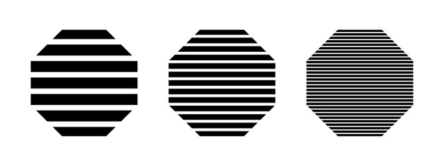 Black striped hexagon isolated on white background. Basic streaked geometric shapes. Minimalistic design elements. Vector graphic illustration.