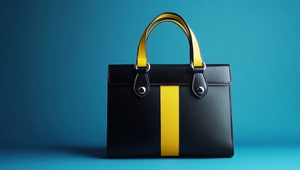 Black leather handbag with yellow accents on a blue background