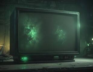 Dusty CRT screen, green static, flickering glow,  device,  electronics