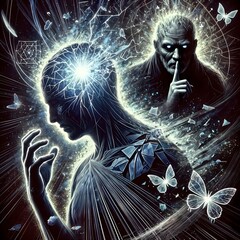 Dark figure whispering into glowing orb with mind energy