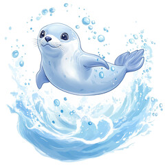A Cartoon Seal Diving into Icy Water Isolated on Transparent Background