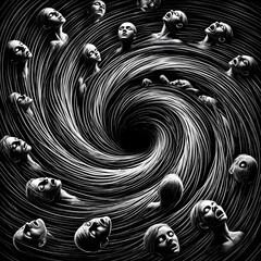 Spiral of faces pulling victims into dark psychological vortex