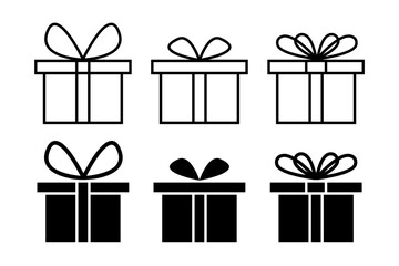 Set of gift box icons and silhouettes. Symbols of present packages with ribbon bows isolated on white background. Birthday, wedding or Christmas giftboxes pictograms. Vector graphic illustration.