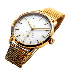 A Chic Women's Gold Tone Watch with Mesh Strap and White Dial Isolated on Transparent Background