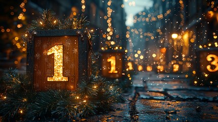 Obraz premium Festive Christmas countdown in a snowy night street