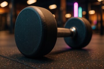 Heavy dumbbell lying on gym floor after intense workout session