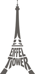 Stylized black vector illustration of the Eiffel Tower with text forming its shape, ideal for travel or landmark design themes