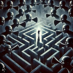 Crowd inside maze of thoughts with glowing idea at center