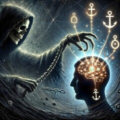 Hooded figure extracting thoughts from exposed brain