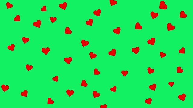 Flat red heart marks pattern animation on a green screen background. The hearts gently rotate and subtly scale in and out randomly at intervals. Representing love, tenderness, and emotional flow.