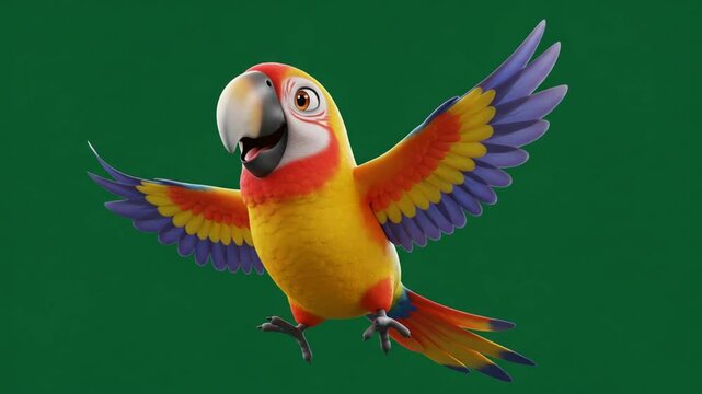 Cheerful Cartoon Macaw in Flight: A vibrant 3D render of a happy parrot with outstretched wings against a green backdrop.