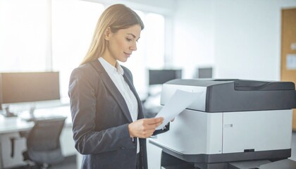 A female employee checking and organizing documents in front of the printer