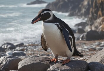 Fototapeta premium Humboldt penguin preening feathers on rocky coast , water, seabird, feather