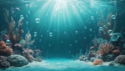 Fototapeta premium Sunlight streams through turquoise water onto the seabed, illuminating coral and rising bubbles.