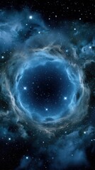 Celestial vision of a blue nebula with a hollow center and distant stars in deep space for scientific or artistic uses.