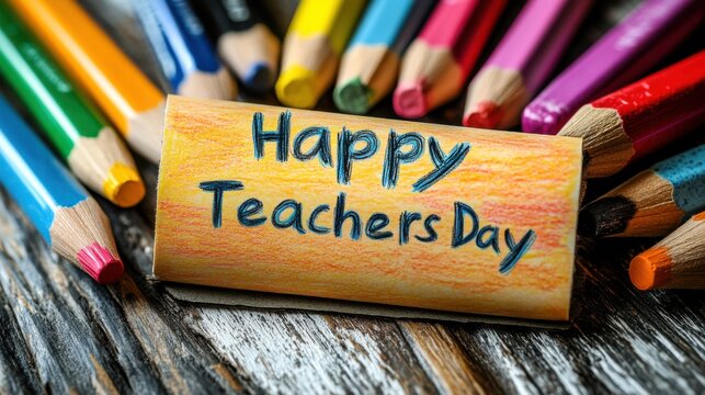 Happy Teachers Day Greeting with Colorful Crayons on Wooden Surface - Powered by Adobe