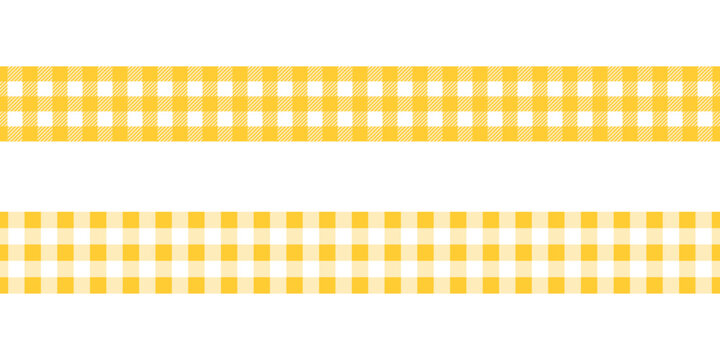 Tapes with yellow gingham pattern. Borders with vichy print. Ribbons for autumn or Thanksgiving day gifts. Cotton, linen or flannel bands isolated on white background. Vector flat illustration.