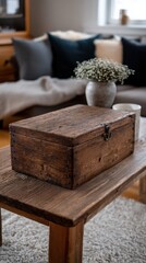 Vintage wooden box sits on a reclaimed wooden table inside a bright living room, rustic and antique