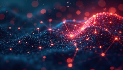 Complex network of interconnected nodes glowing brightly, development, future
