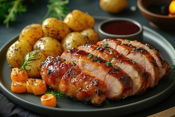 Roasted meat sliced and served with roasted potatoes and carrots, garnished with herbs and a side of berry sauce on a dark plate.
