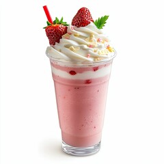 Strawberry milkshake in a clear plastic cup with whipped cream, white chocolate shavings, and fresh strawberries on top, against a white background.