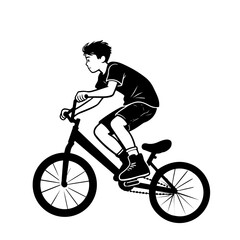 Obraz premium Boy riding bicycle, black silhouette vector illustration, isolated on white background. Sport, active lifestyle, child, kid, fun, outdoors.