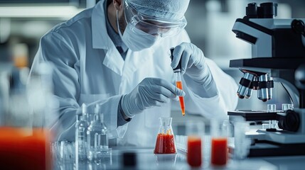 Scientist in lab coat using pipette to transfer orange liquid into erlenmeyer flask during experiment; microscope and other lab equipment in background.