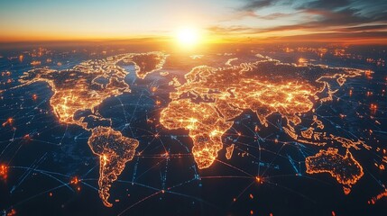 Obraz premium Global network map illuminated by sunset glow.