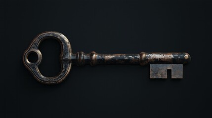 Antique Skeleton Key: Dark Background, Detailed 3D Render of a Weathered, Ornate Metal Key, Showing Patina and Texture