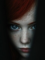 Close-up portrait of a young woman with red hair and freckles, her face partially obscured by shadows, revealing only one eye and half her face, creating a mysterious and intriguing mood.