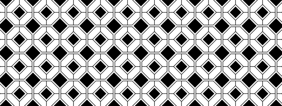 Tile floor or wall pattern with hexagon and square shapes. Ceramic mosaic texture in vintage style. Cafe or restaurant interior ornament. Black and white geometric print. Vector graphic illustration.