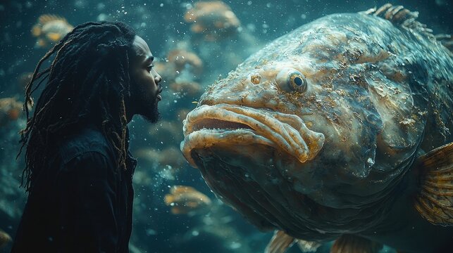 Young man with long dreadlocks observes a large, textured fish underwater; close-up view, dark moody tones, aquatic setting.