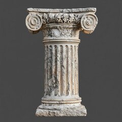Ancient weathered stone column, ionic order, detailed capital with acanthus leaf carvings and volutes, fluted shaft, worn base, isolated on gray background.