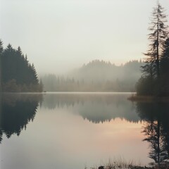 Fototapeta premium Serene lake reflecting misty forest at dawn; soft pastel sunrise hues paint the sky, mirroring the tranquil waters.