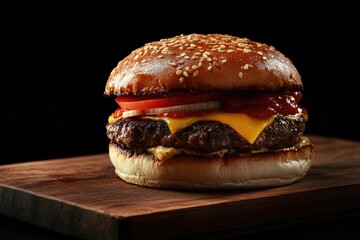 Close-up of a juicy cheeseburger on a rustic wooden board, featuring a sesame seed bun, grilled beef patty, melted cheese, tomato, onion, and ketchup.