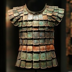 Ancient bronze armor, intricately crafted with overlapping scale-like plates, fastened with rivets, showing signs of age and patina, displayed on a dark background.