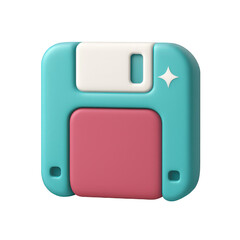 Brightly colored digital rendering of a plump, smooth floppy disk, featuring soft edges and a highlight, representing classic computer data saving.
