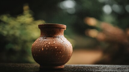 Close-up view of a terracotta water pitcher with raindrops.