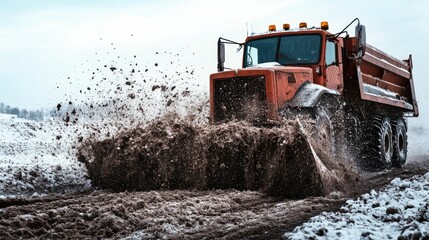 Orange heavy-duty vehicle clearing snow and mud from a winter road, flinging debris as it pushes a large amount of slush.