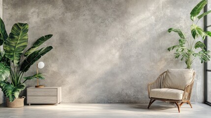 Modern interior design featuring a comfortable wicker chair and lush greenery.