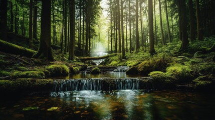 Fototapeta premium Serene forest stream cascading over moss-covered rocks, leading to a small waterfall hidden amongst tall trees, bathed in soft sunlight filtering through the dense canopy.