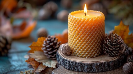Autumn candle on rustic wooden stand