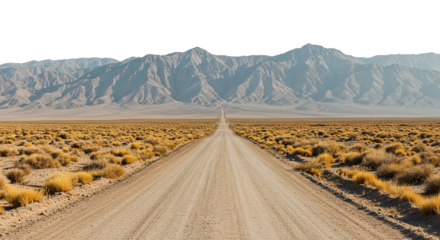 Driving on Dirt Road Toward Distant Mountain Range in Desert