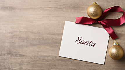 A festive scene featuring a beautifully crafted letter addressed to Santa, complemented by shiny golden ornaments and a rich red ribbon, evoking the warmth of holiday traditions.